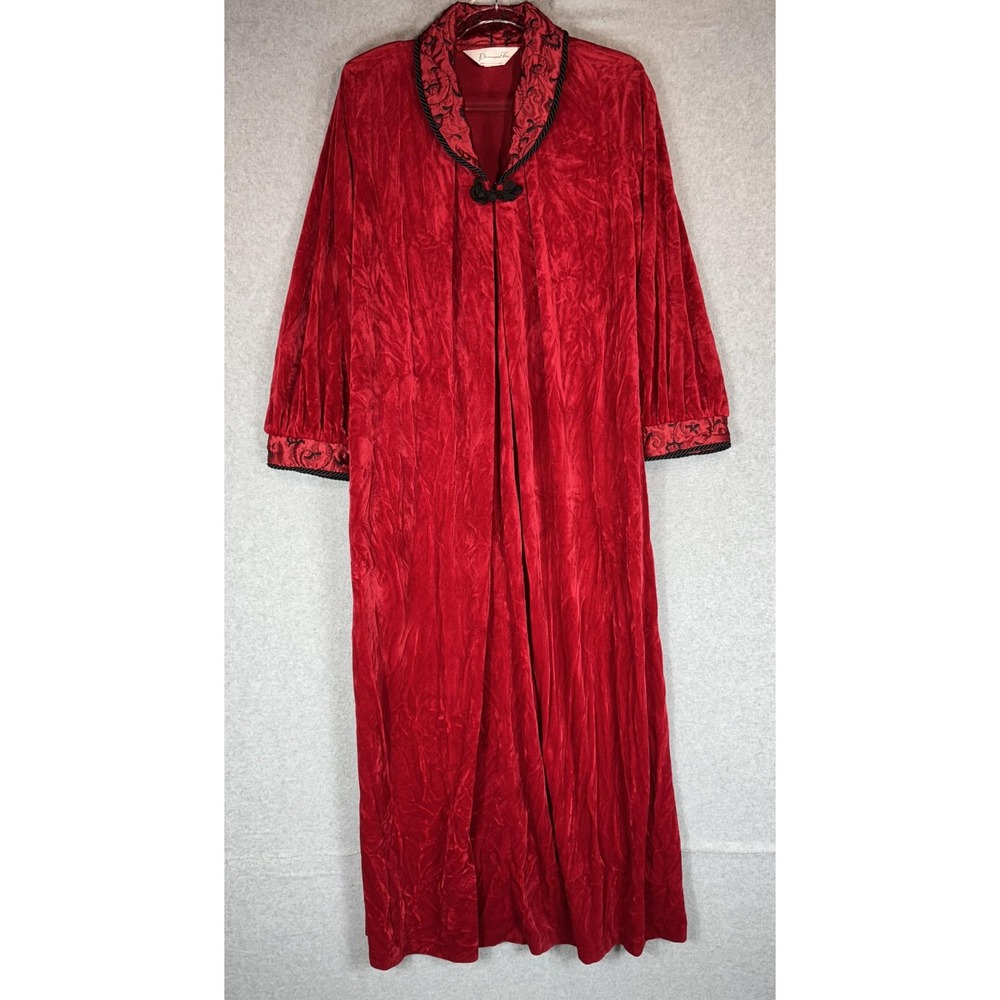 Diamond Tea Robe Womens Small Red Velvet Embroidered Long Duster Housecoat Luxe